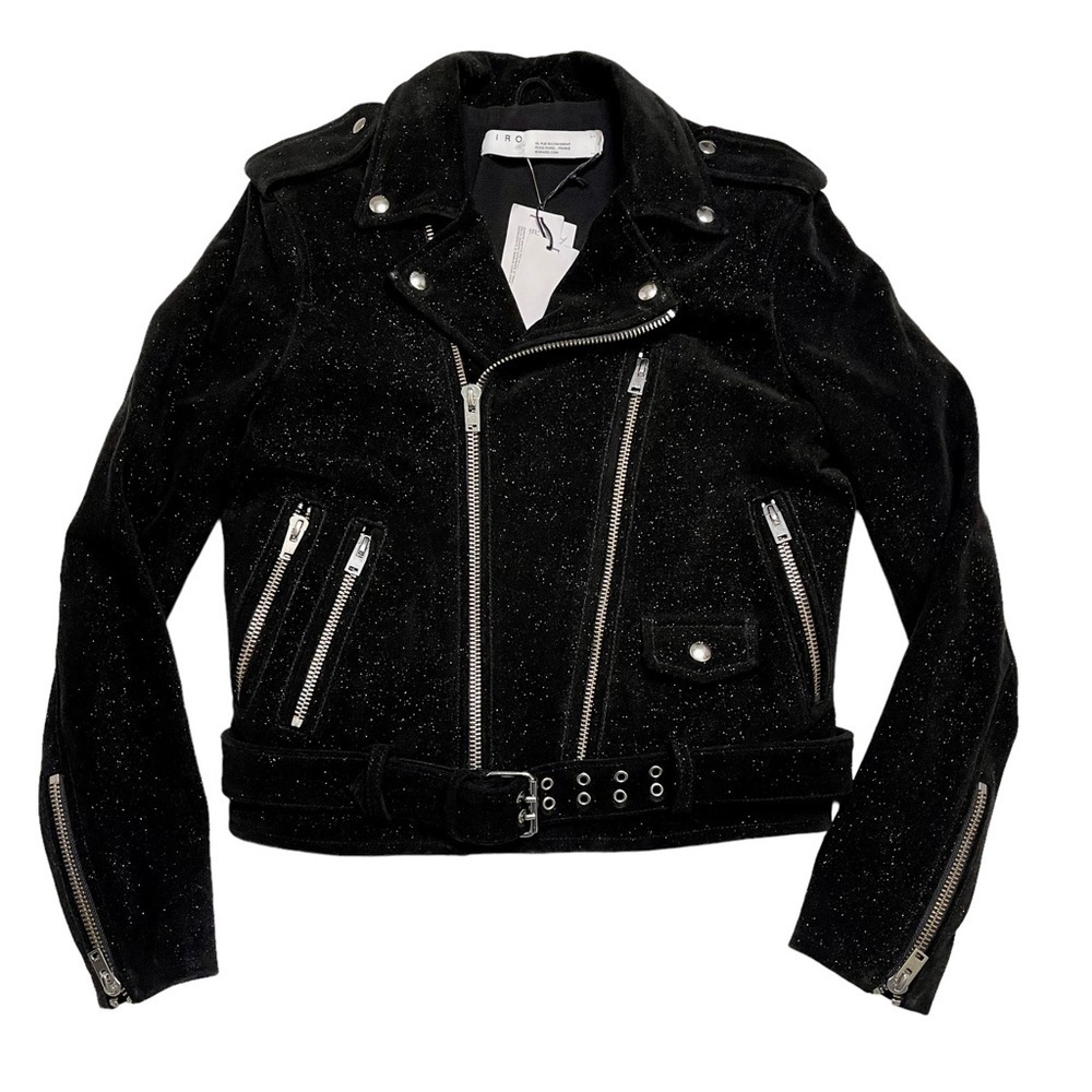 IRO Adri Black Glitter Suede Leather Moto Jacket Size 40 US 8 NWT